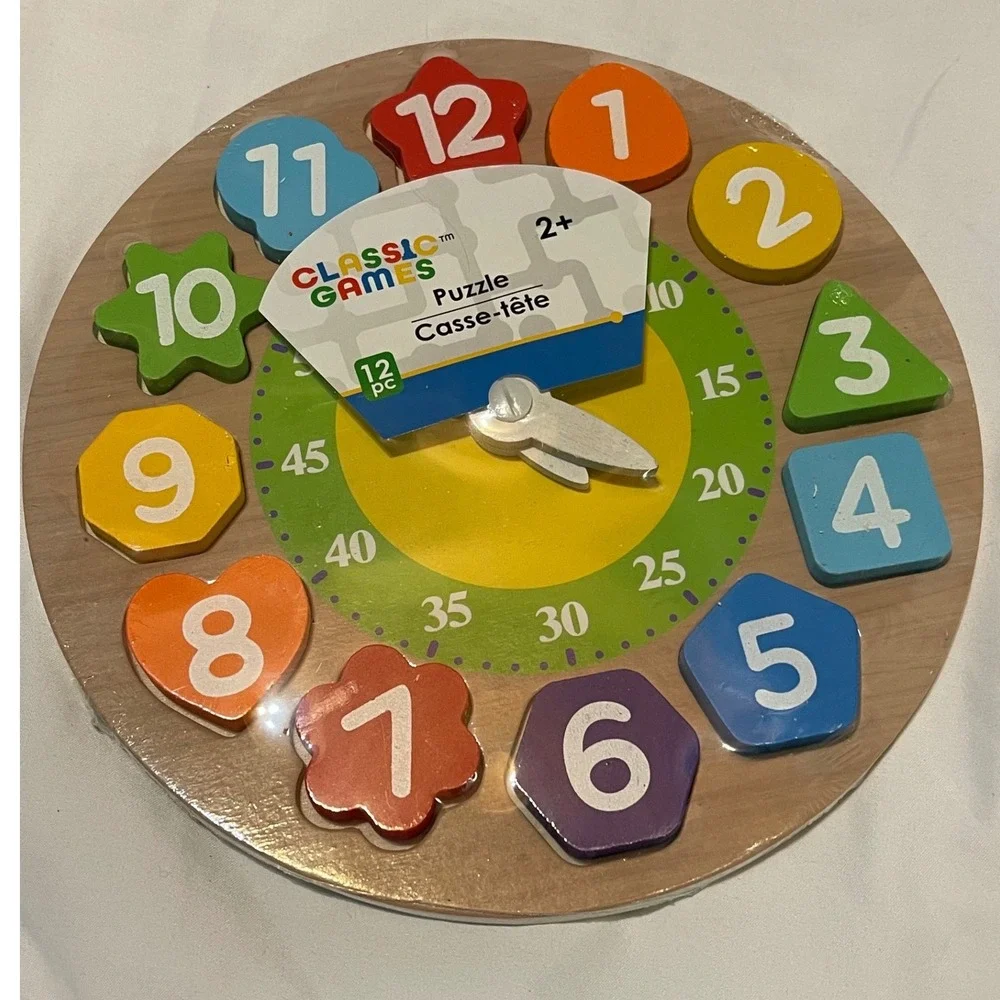 Classic Games Wooden Clock Puzzle Kids Unisex 2+Multicolor Wood Shape Sorter Toy